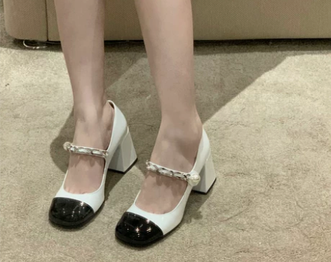 仙女鞋温柔中跟法式甜美单鞋复古粗跟珍珠玛丽...