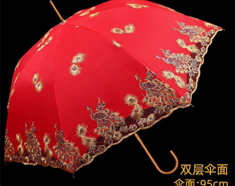 转卖红伞婚庆结婚出嫁伞蕾丝花边刺绣长柄中式...