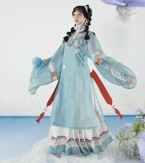 包邮都城南庄汉服猫儿趣立领斜襟长衫马面裙全...
