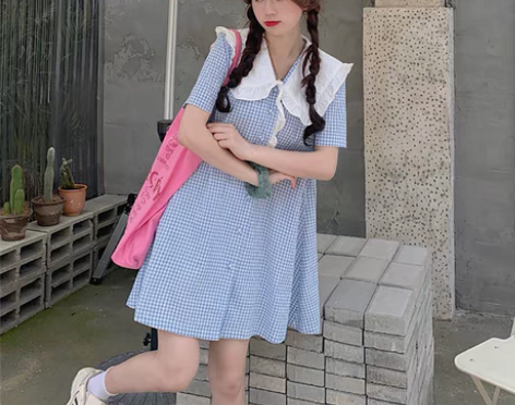 转卖甜美日系学生格子娃娃领连衣裙女韩版宽松...