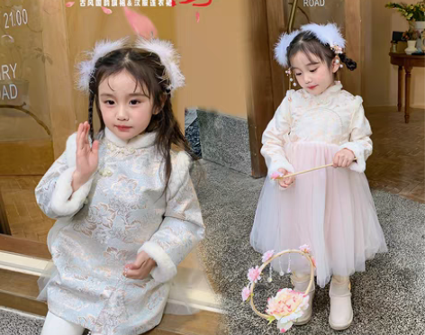 转卖香港靓妞女童汉服2022新款冬装加绒旗...
