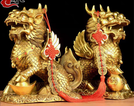 转卖铜麒麟摆件一对纯铜踩八卦火麒麟摆件家居...