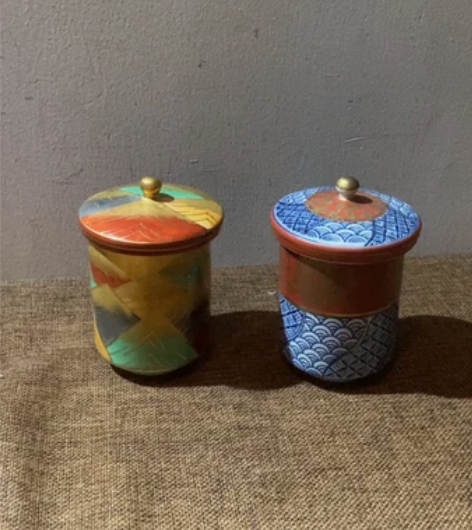 日高端日本九谷烧金箔手绘青花永乐风盖杯杯子...