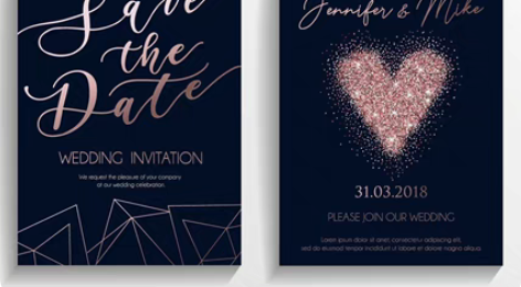 蓝色玫瑰金闪亮心形现代设计模板几何元素婚礼...