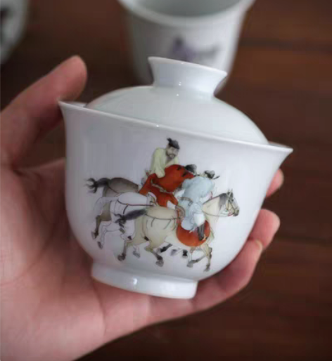 五王醉归图 一盖碗五杯 景德镇手工手绘，手...