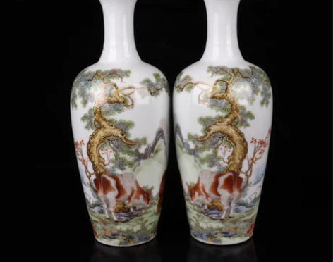 包邮粉彩天道酬勤图纹长颈瓶一对 高23.5...