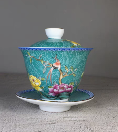 包邮乡下收来粉彩花卉图纹盖碗三才碗老瓷器手...