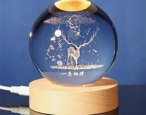 包邮创意发光水晶小夜灯内雕玻璃球一鹿相伴星...