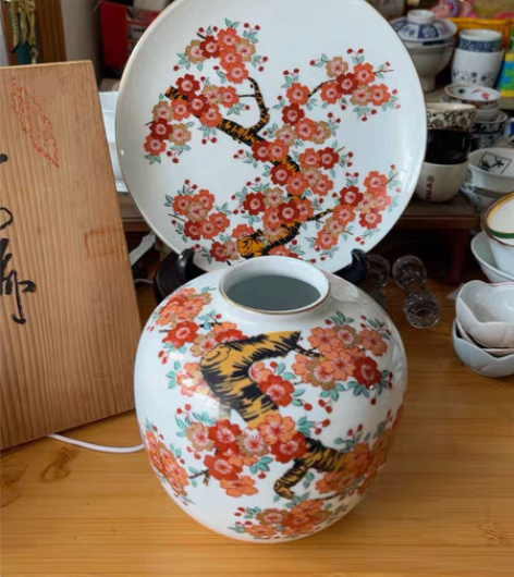 日本回流 哲山作 花瓶 赏盘 一套的 带原...