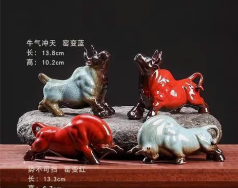 包邮雕塑瓷陶泥牛气冲天 斗牛 茶宠 博古架...