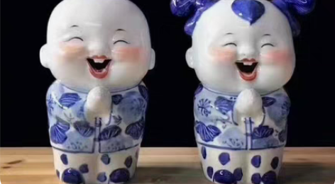包邮景德镇雕塑瓷厂手绘青花瓷开心娃娃 感兴...