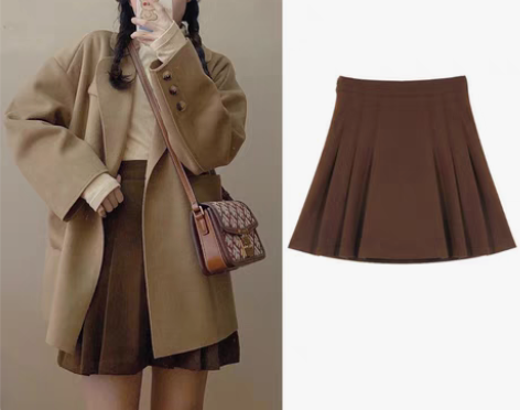 转卖百褶裙短款学院风高腰显瘦防走光 咖色M...