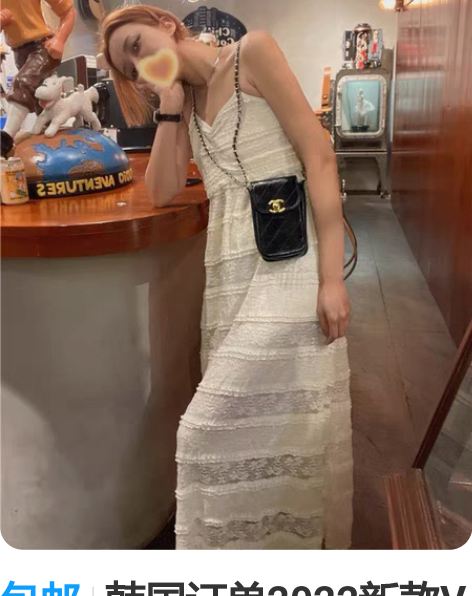 包邮韩国订单2022新款V领蕾丝复古重工吊...