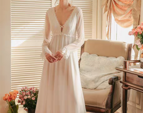 转卖宫廷蕾丝睡衣女春夏性感长睡裙修身带胸垫...