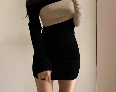 转卖Amyway撞色拼接露肩性感露锁骨连衣...