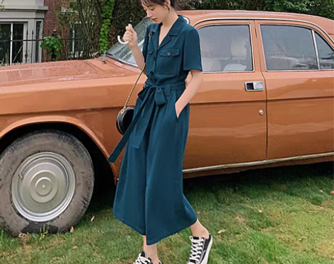 转卖蓝语大码女装胖妹妹mm洋气工装连衣裤阔...