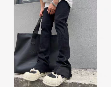 包邮国潮嘻哈毛边黑色微喇叭牛仔裤男女修身牛...