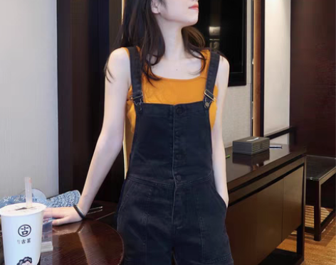 转卖背带牛仔裤女夏季2022新款韩版宽松破...