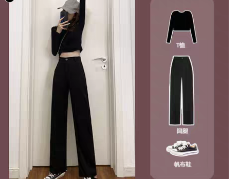 转卖阔腿裤女夏西装面料宽松黑色九分高腰直筒...