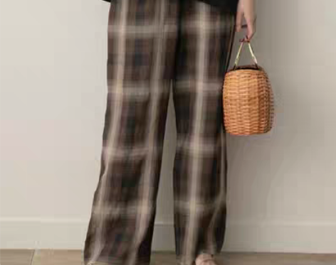 转卖格子棉麻裤 腰围70 裤长96 腿宽6...
