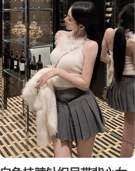 白色挂脖针织吊带背心女装秋冬纯欲风性感短款...