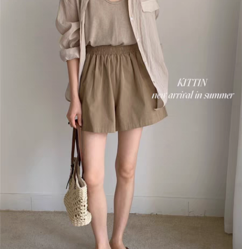 KITTIN韩系彩色系洗水棉松紧腰休闲短裤...