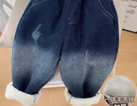 包邮男童加绒加厚牛仔裤小童冬装一体羊羔绒保...