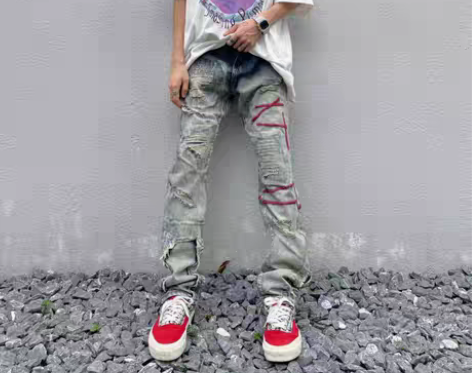 转卖美式高街贴布fog破洞牛仔裤休闲水洗潮...