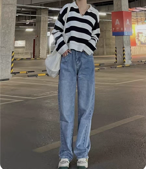 Three12早秋新款柔软直筒百搭牛仔裤女...