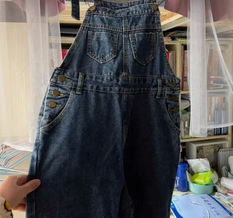 包邮韩版百搭简约连体阔腿裤复古洗水牛仔背带...