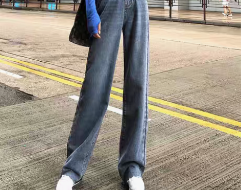 转卖牛仔阔腿裤女高腰垂感休闲宽松复古秋冬显...