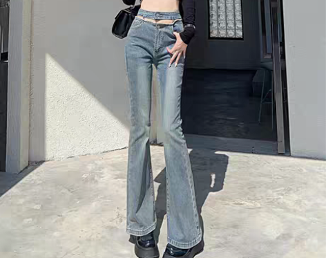 转卖温姗美式复古高腰微喇牛仔裤女秋冬可拆卸...