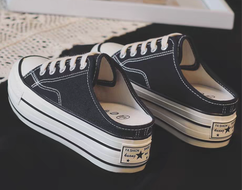 转卖无后跟懒人内增高厚底帆布鞋女半拖松糕休...