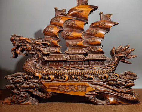 包邮木雕摆件黄杨木雕刻龙船屏风旧货一帆风顺...