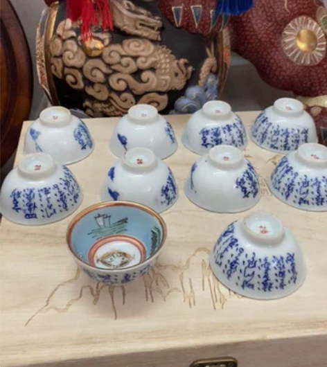 包邮日本老九谷老青花杯子、内外满绘纯手绘、...