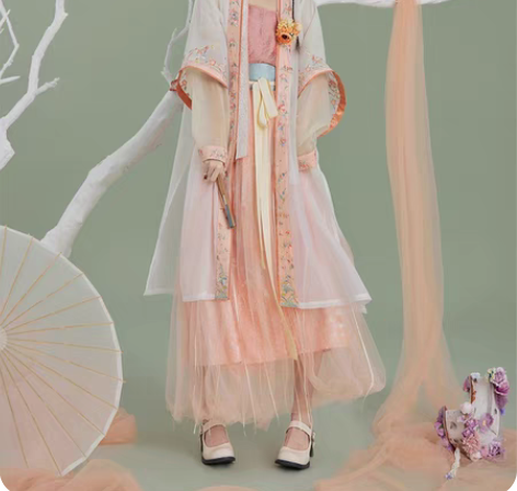 包邮七月夕 冰橙 宋制吊带飞机袖短衫绣花长...