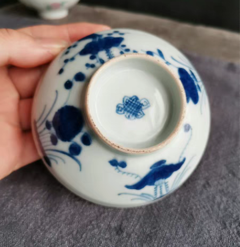 清代道光青花四季花卉纹盖碗盖子  老盖子 ...