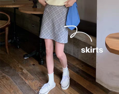 转卖芝士兔自制 韩版复古格纹高腰显瘦a字裙...