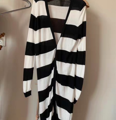 包邮拉夏贝尔旗下品牌针织开衫条纹黑白长款 ...