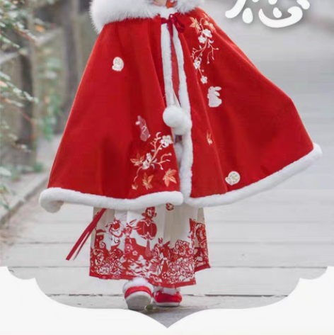 包邮舒栗.愿 汉服女童斗篷冬红色加厚拜年服...