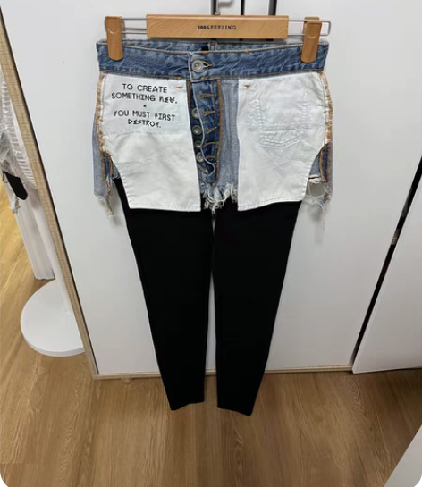 包邮外贸进出口牛仔裤女高腰修身翻转设计春夏...