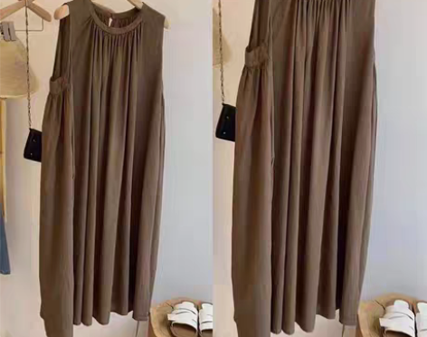 转卖气质韩版宽松无袖连衣裙女简约褶皱天丝棉...