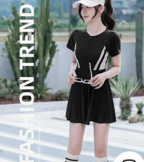 夏季韩版运动风连体裙式泳衣显瘦遮肚短袖泡温...