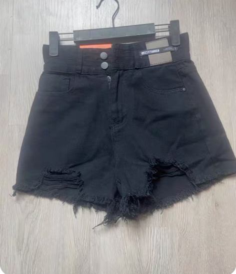 包邮黑色破洞牛仔短裤女夏2023年新款in...