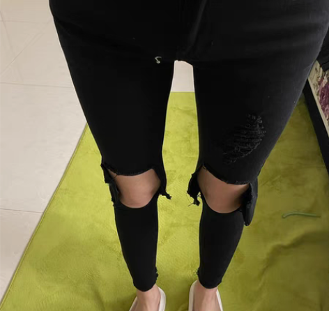 欧洲站韩国代购欧美街头风破洞黑色牛仔铅笔裤...