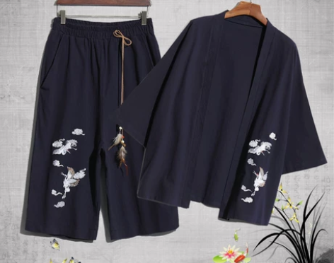 古风仙气汉服男夏季七分袖仙鹤刺绣套装中国风...