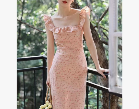 出！【   碎花花边吊带连衣裙女夏季法式复...