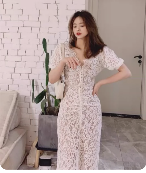 春夏新款V领水钻钉珠水溶蕾丝收腰连衣裙长裙...