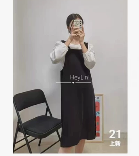 韩版气质小个子背带裙黑色宽松木耳边吊带连衣...