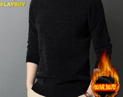 花花公子男士高领毛衣加绒加厚款双翻雪尼尔宽...